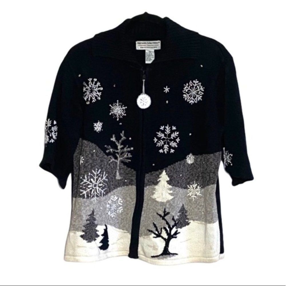 Vintage Holiday Sweater Christmas Black Ramie Cotton Blend Zip Size Medium